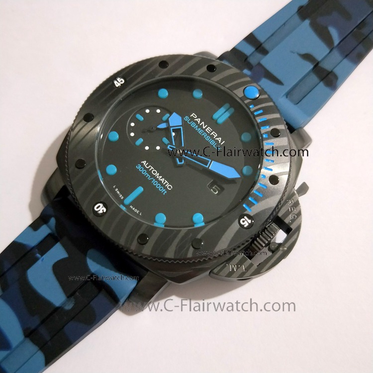 Panerai PAM 960 Submersible Carbon Watch Blue Camouflage Strap